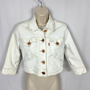 Vtg Levi’s Cropped Jean Jacket Womens Medium Beige Stretch Denim Trucker Y2K